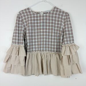 English Factory Plaid Ruffle Sleeve Peplum Blouse Cottagecore Preppy
